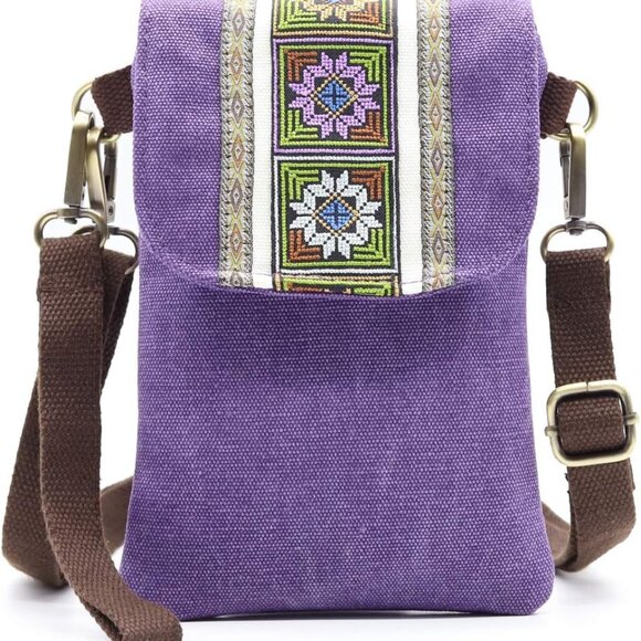 Vintage Embroidered Canvas Flip Small Crossbody Bag Cell Phone Pouch for Women W - Picture 1 of 6